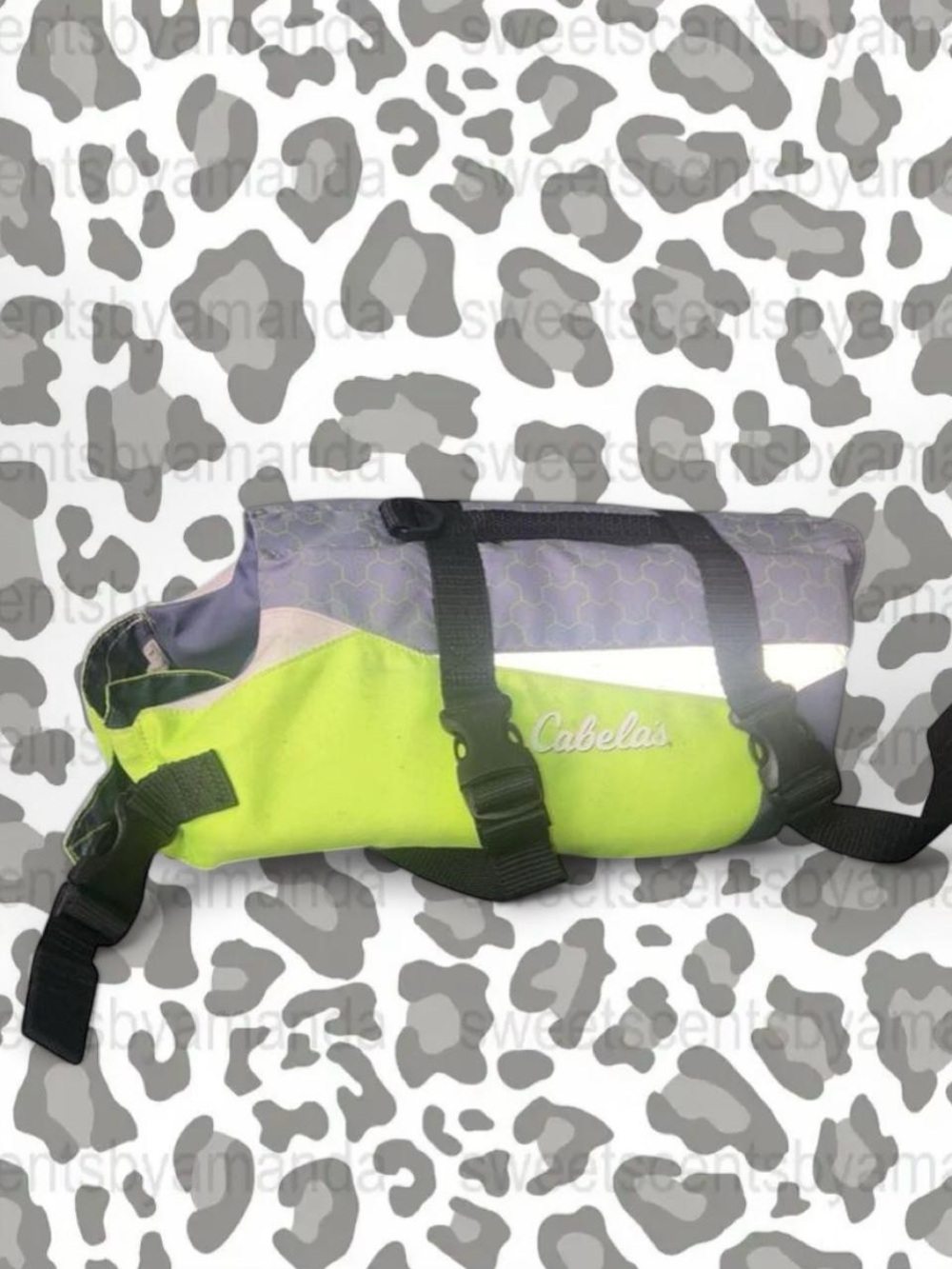 Cabela's Lime Green and Gray Dog Life Jacket with Black Straps